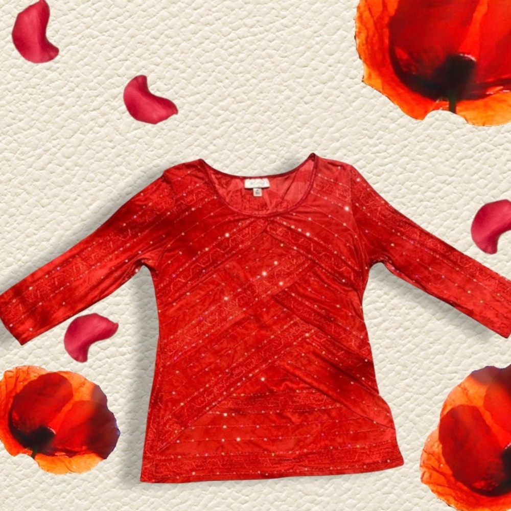 Dressbarn Red Criss Cross Design Silver Sequin 3/4 Sleeve Blouse